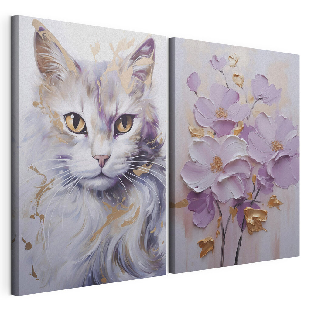 Painting of a cat and a painting of flowers