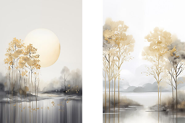Painting of trees and a lake