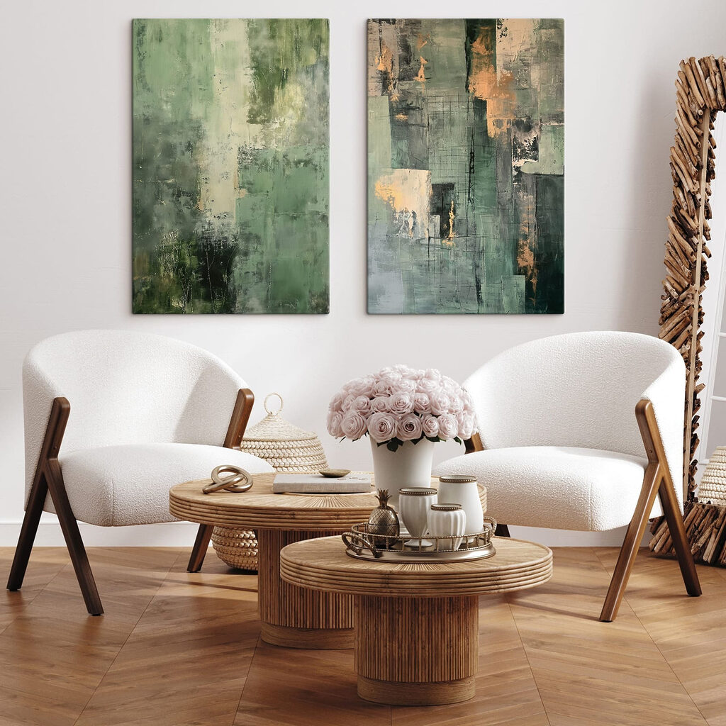 - Shades of green and abstract forms
