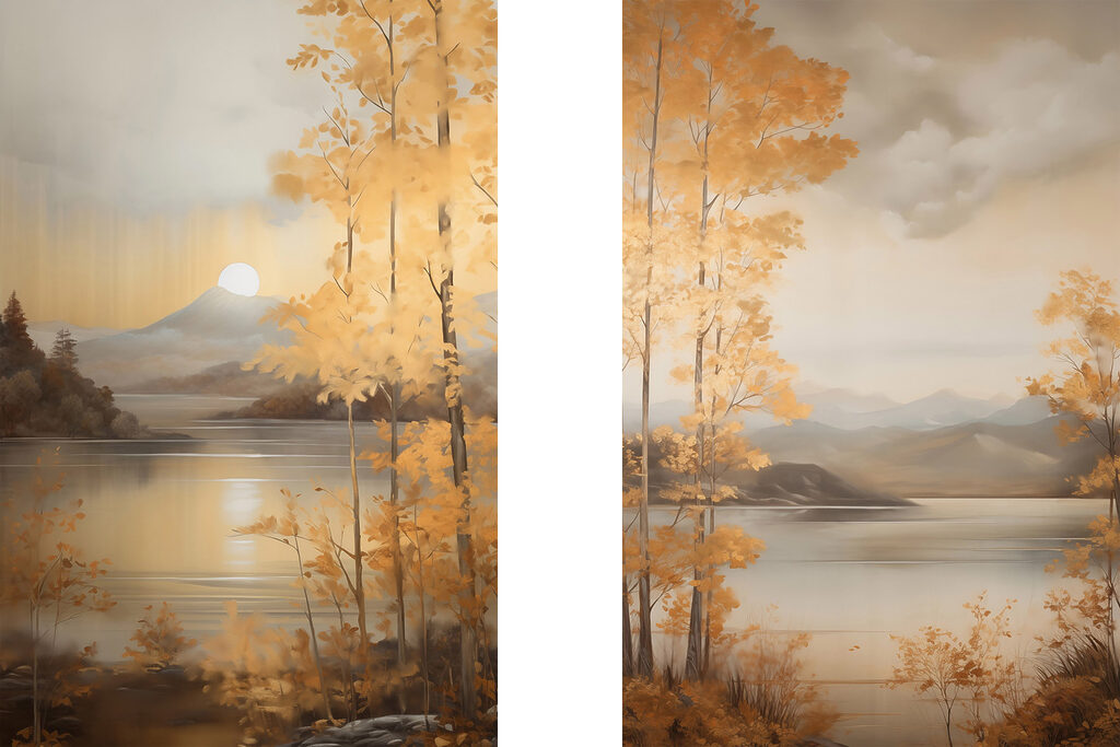 Painting of a mountain and a lake
