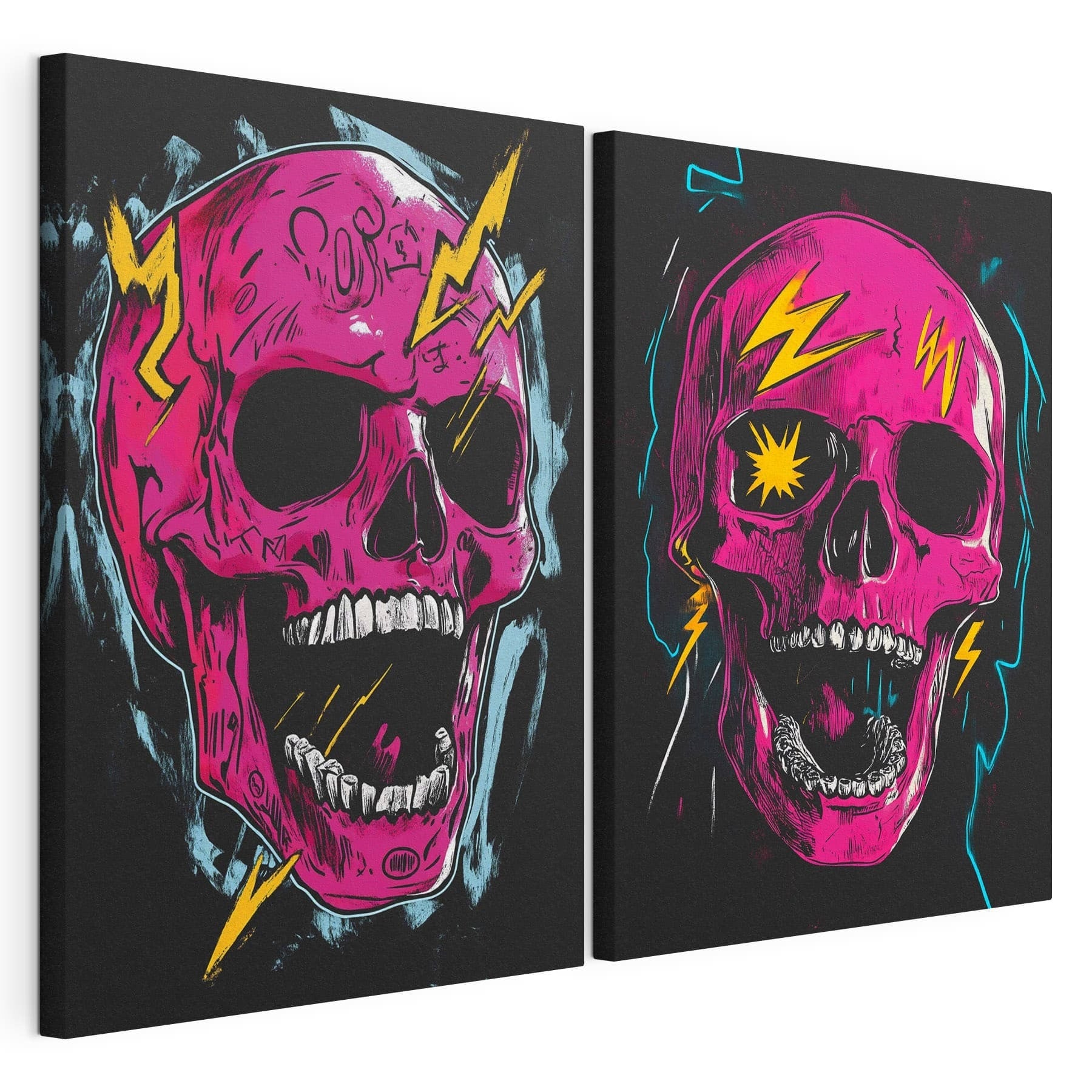 Collage of a pink skull with lightning bolts