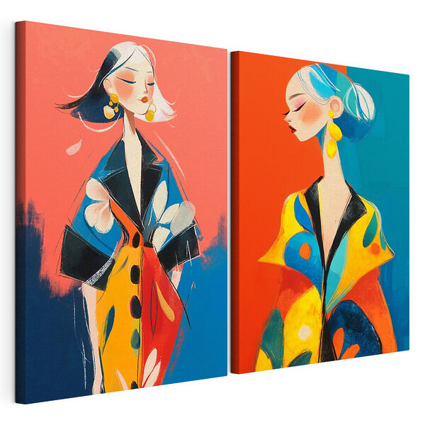 Stampa su tela modulare Collage raffigurante una donna con un cappotto colorato