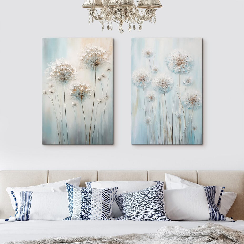 Painting of dandelions on a blue background