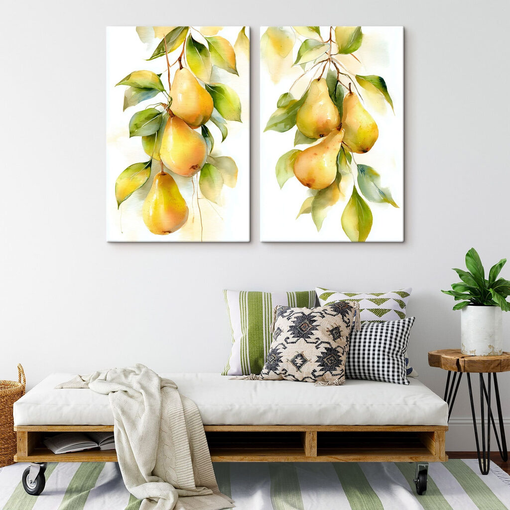 Watercolor painting of pears on a branch