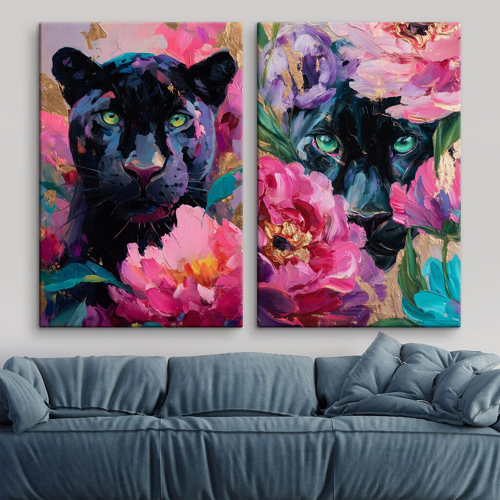 Painting of a panther and a panther with flowers