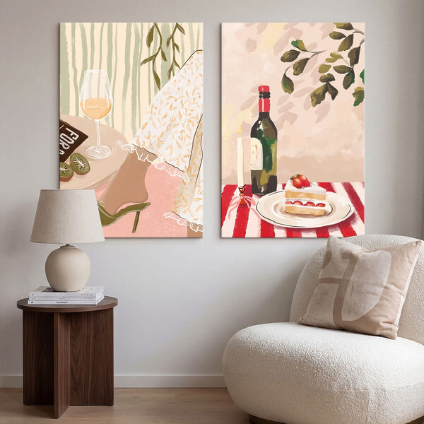 Painting of a woman's feet and a cake on a table