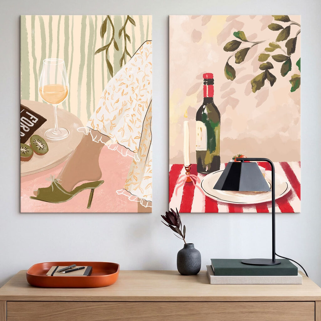 Painting of a woman's feet and a cake on a table
