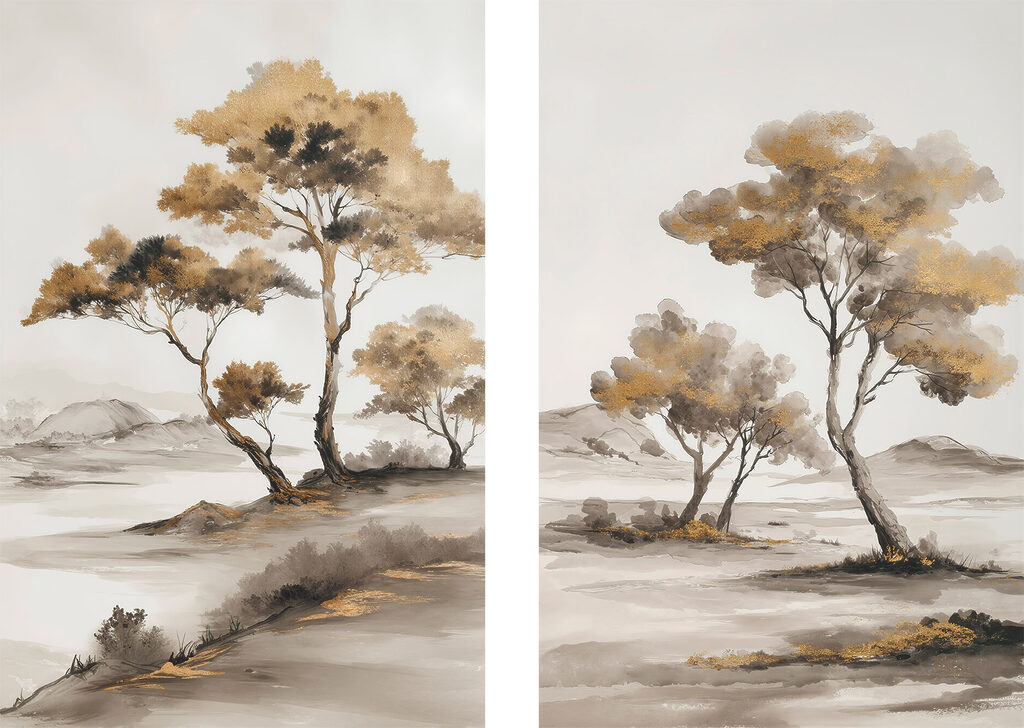 Painting of trees in a desert