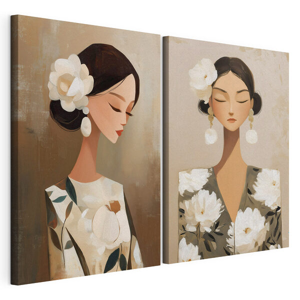 Stampa su tela modulare Collage raffigurante una donna con dei fiori tra i capelli