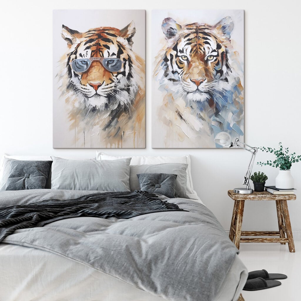 Two pictures of tigers wearing sunglasses
