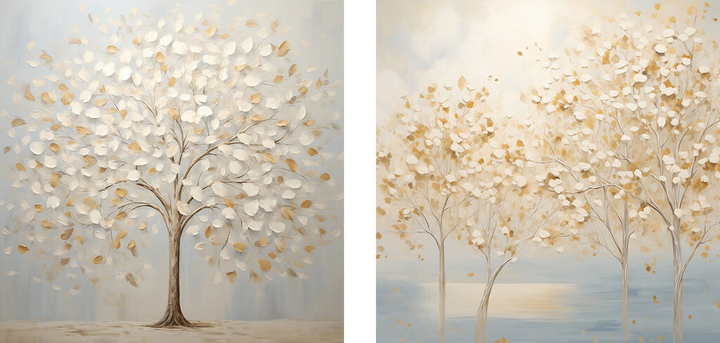 Two paintings of trees with leaves