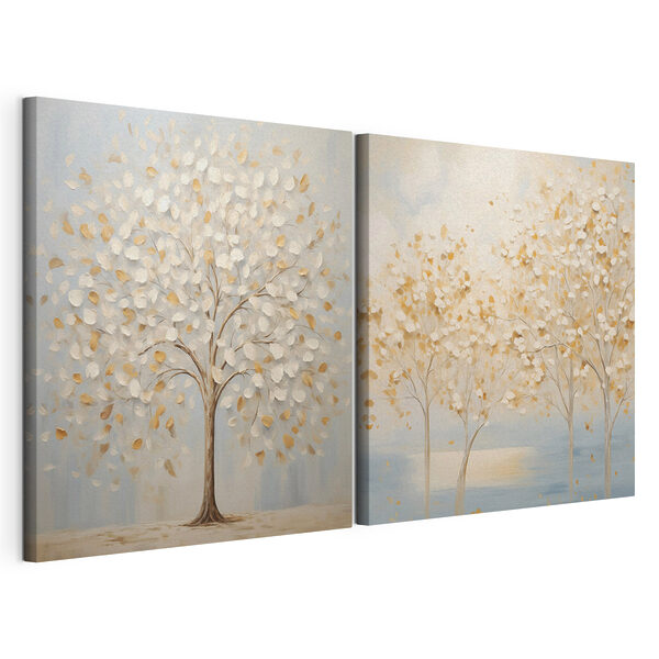 Two paintings of trees with leaves