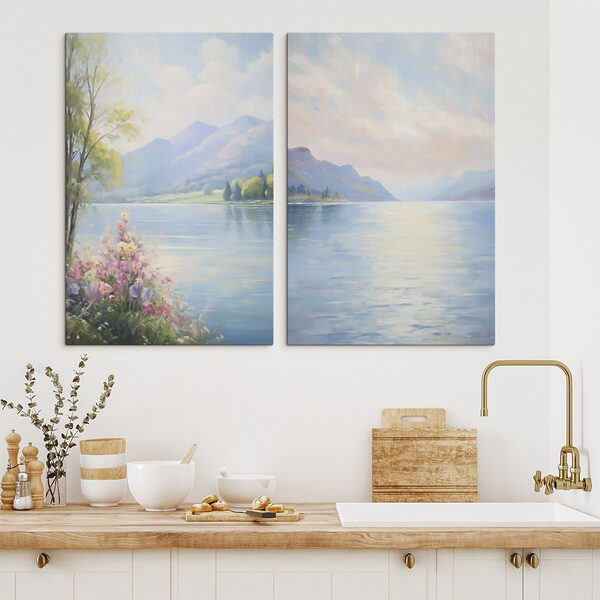 Painting of a lake and mountains