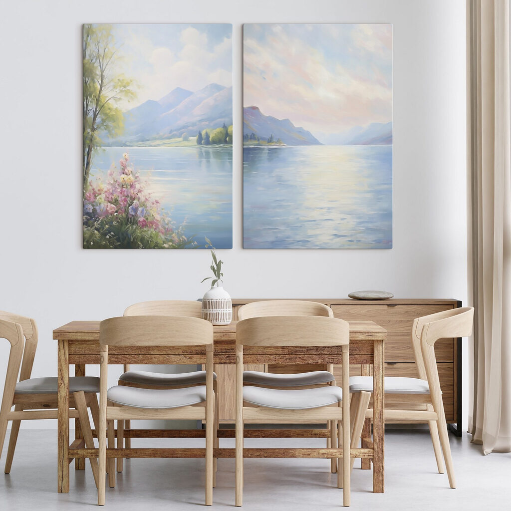 Painting of a lake and mountains