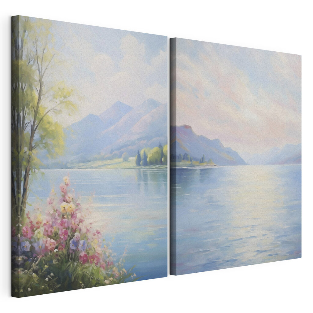 Painting of a lake and mountains