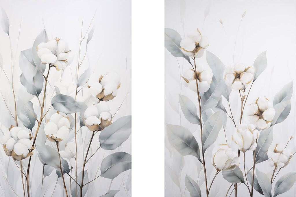 Painting of cotton flowers and leaves
