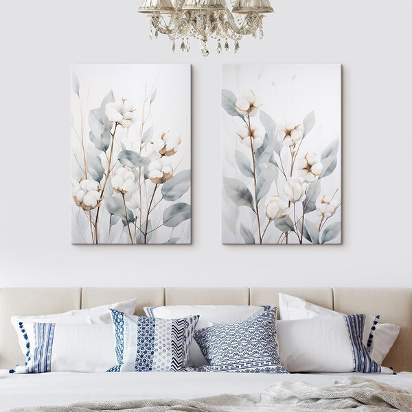 Painting of cotton flowers and leaves