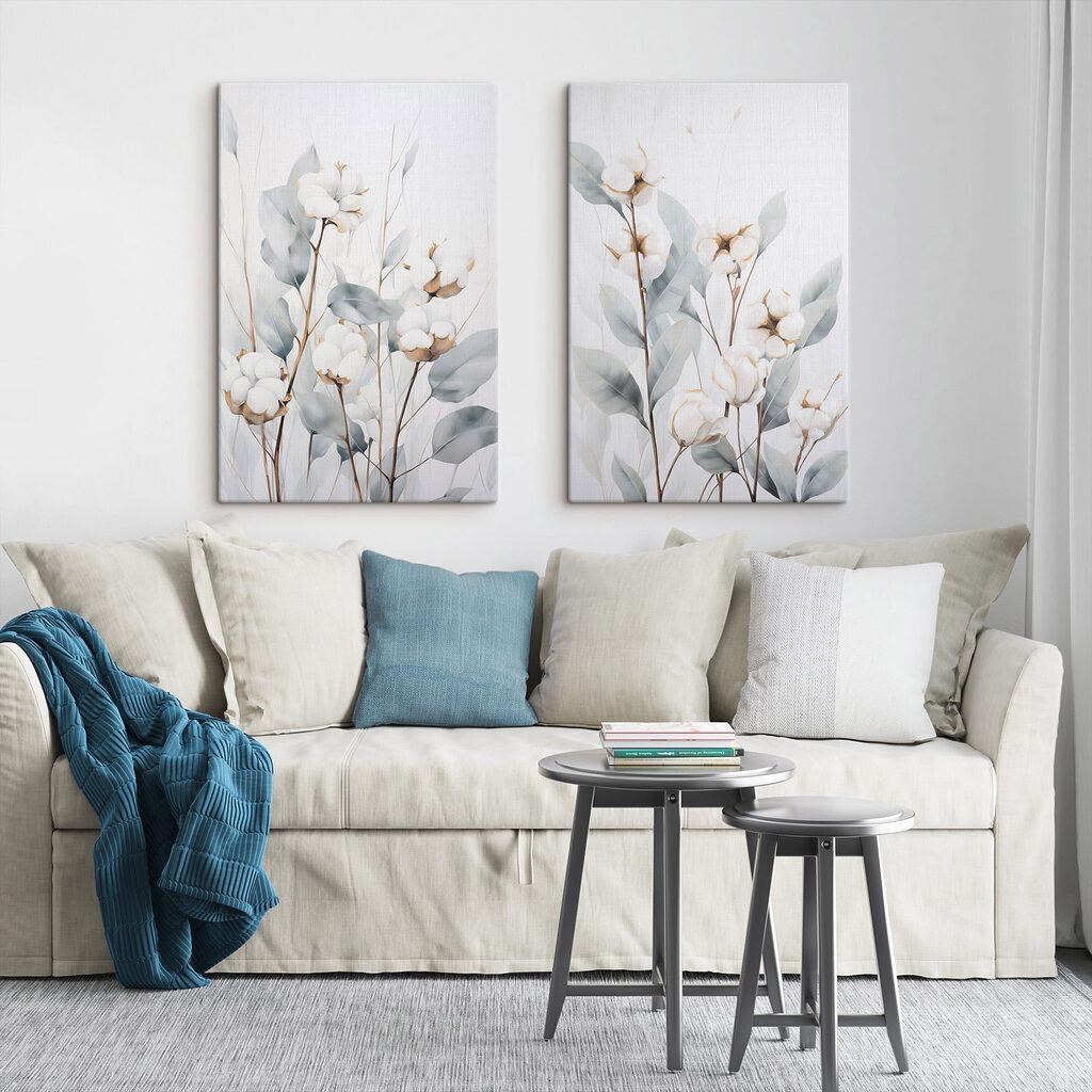 Painting of cotton flowers and leaves