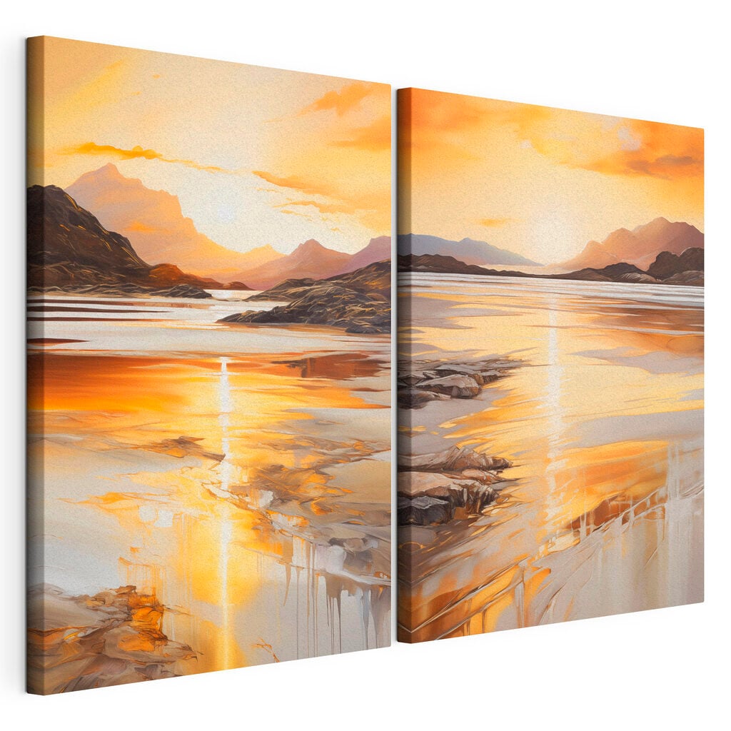 Painting of a beach and mountains