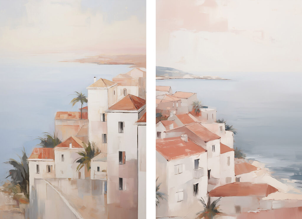 Painting of a town on a cliff
