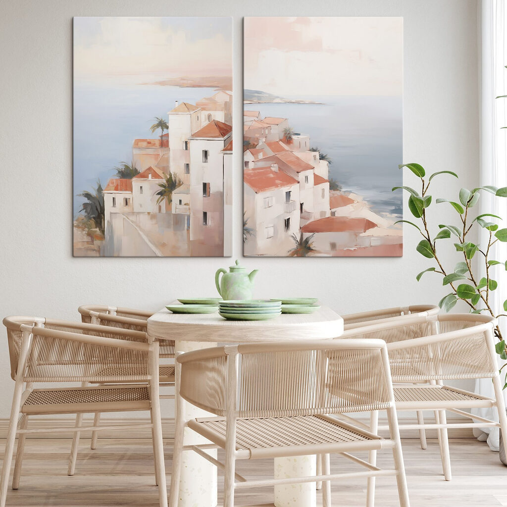 Painting of a town on a cliff