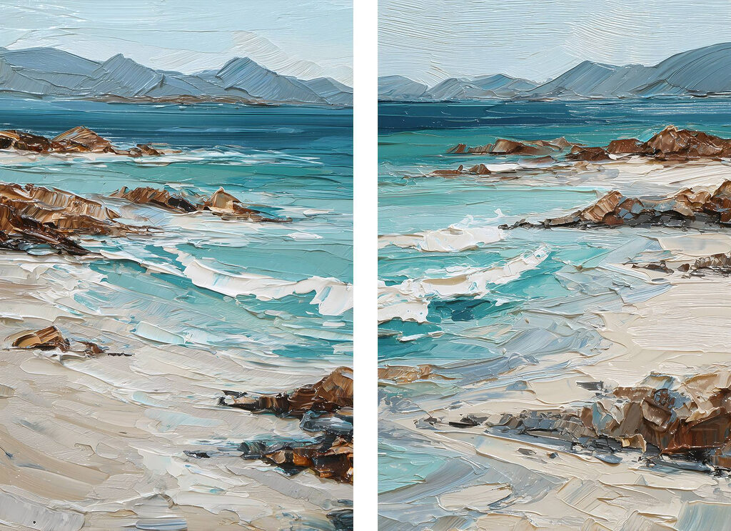 Painting of a beach with waves and rocks