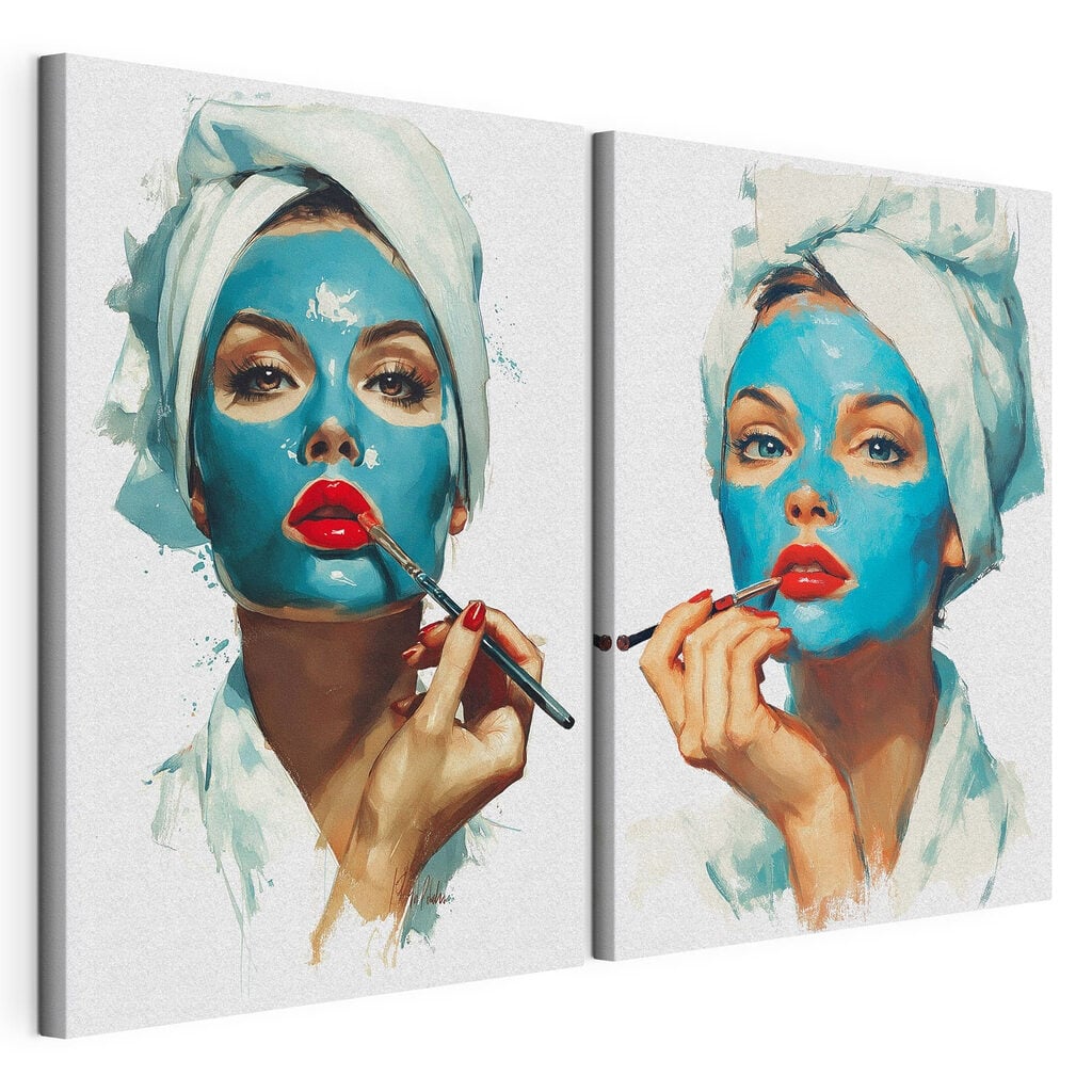 Collage of a woman applying a blue mask