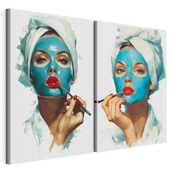 Stampa su tela modulare Collage di una donna che si applica una maschera blu