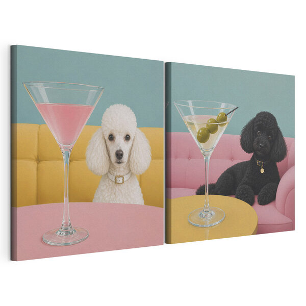 Stampa su tela modulare Cane seduto a un tavolo con un bicchiere da martini