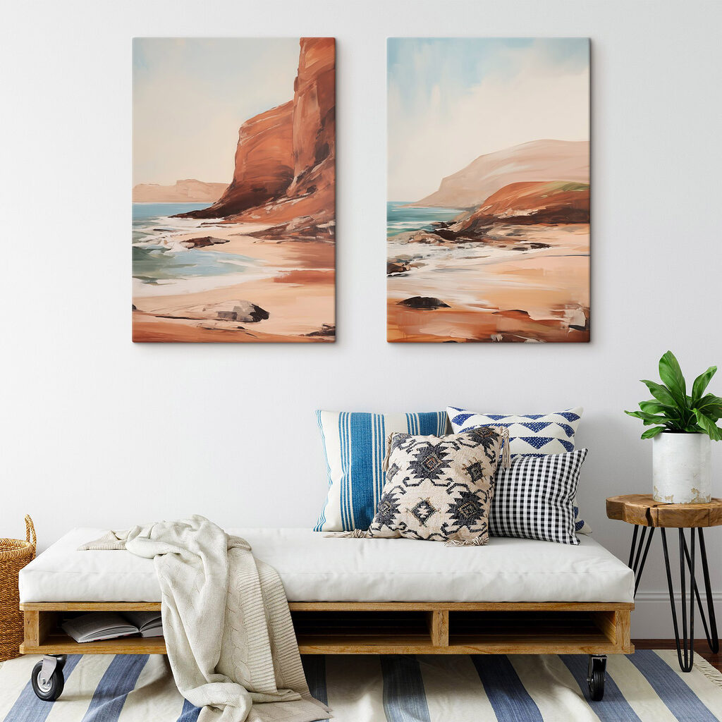 Painting of a beach and a rocky cliff
