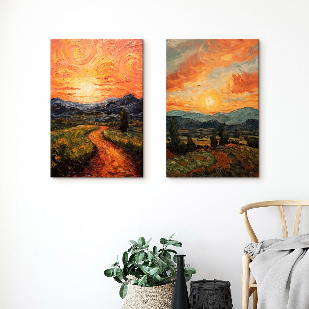 Painting of a road and mountains