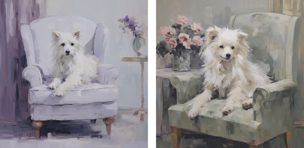 Painting of a dog sitting on a chair