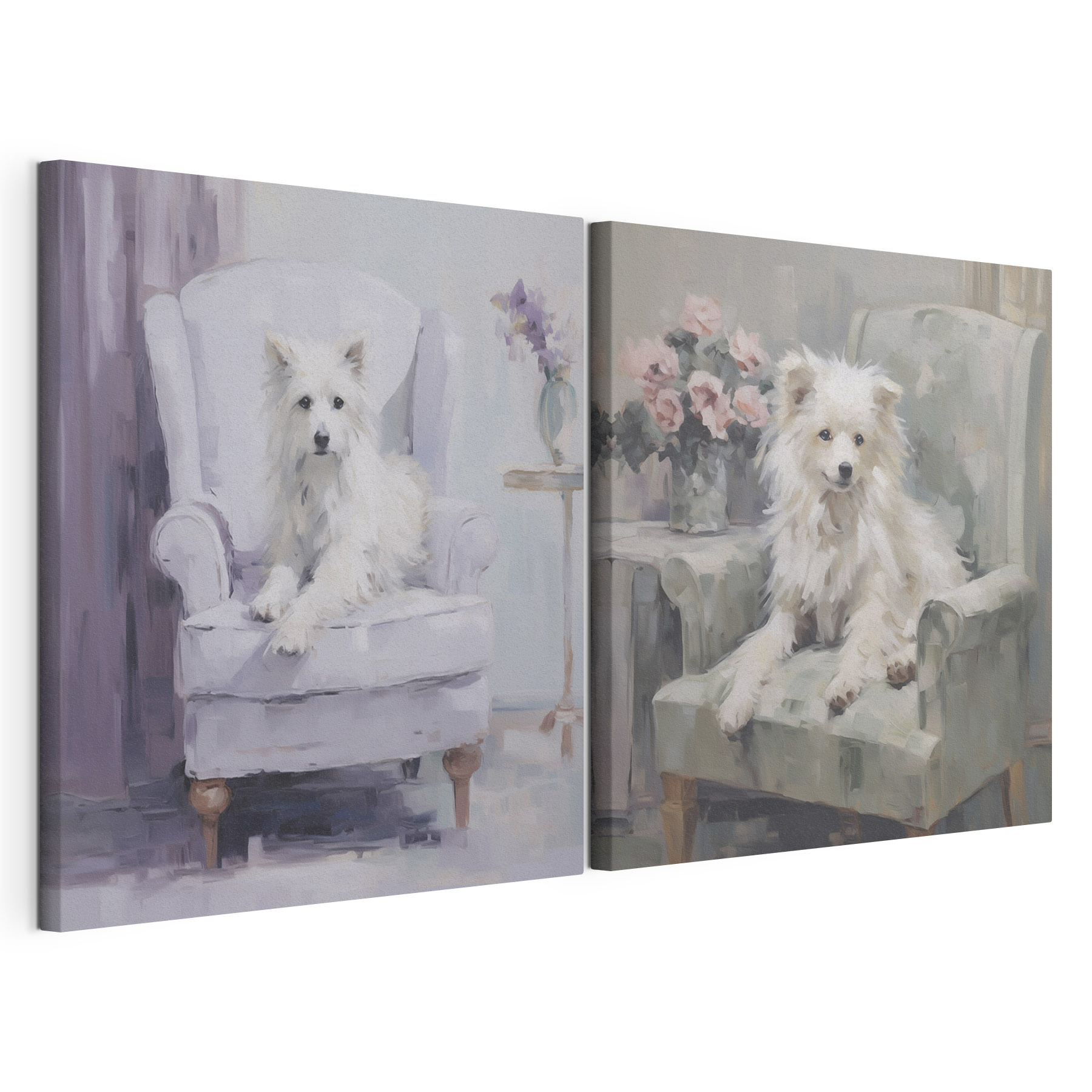 Painting of a dog sitting on a chair