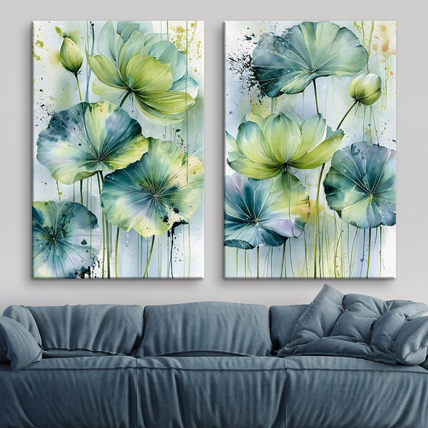 Painting of flowers with green leaves