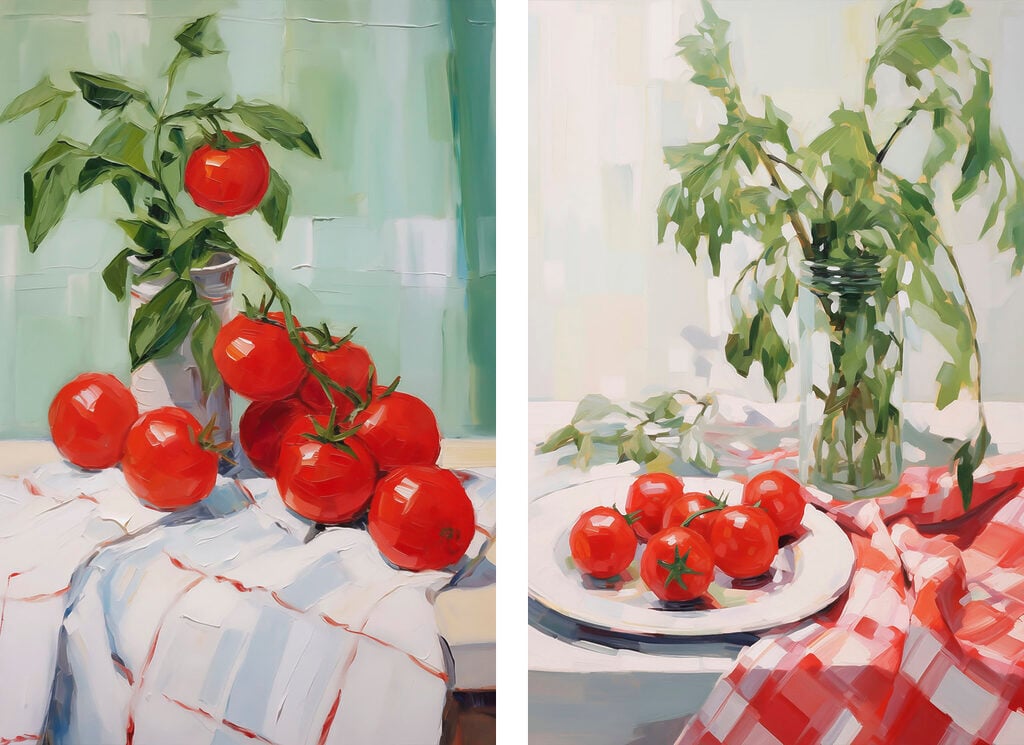 Painting of tomatoes on a table