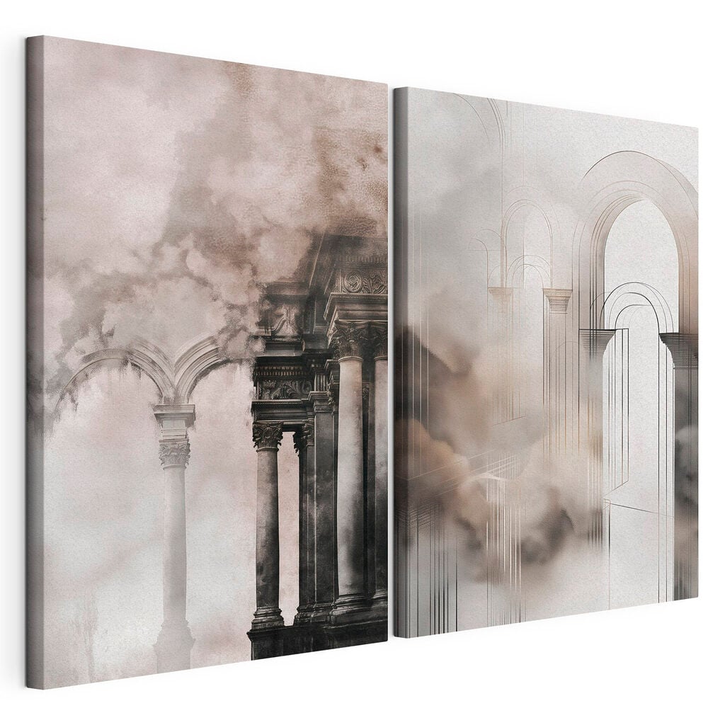 Collage of a building with columns and smoke