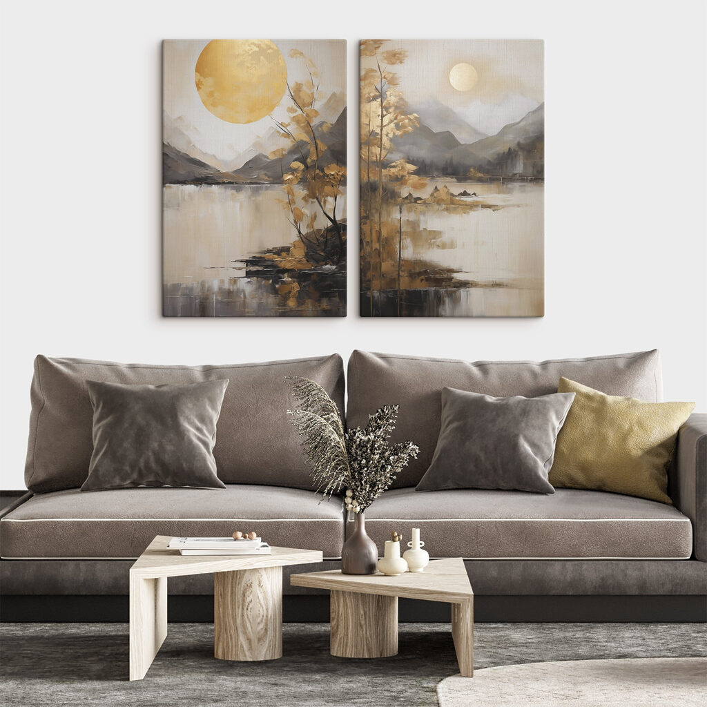 Painting of a landscape with a moon and mountains