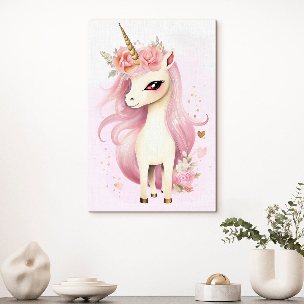 Unicorn with pink hair and flowers