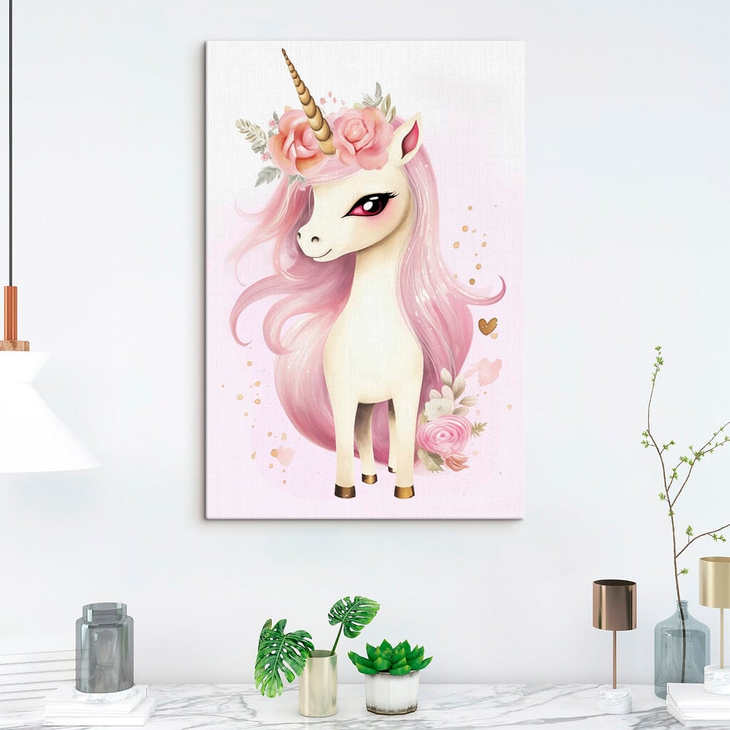 Unicorn with pink hair and flowers