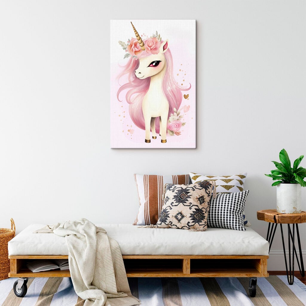 Unicorn with pink hair and flowers
