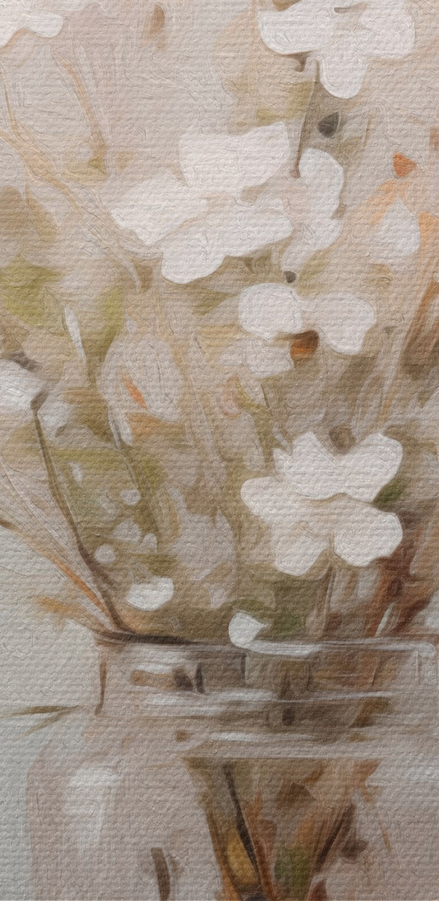 Painting of a vase with white flowers
