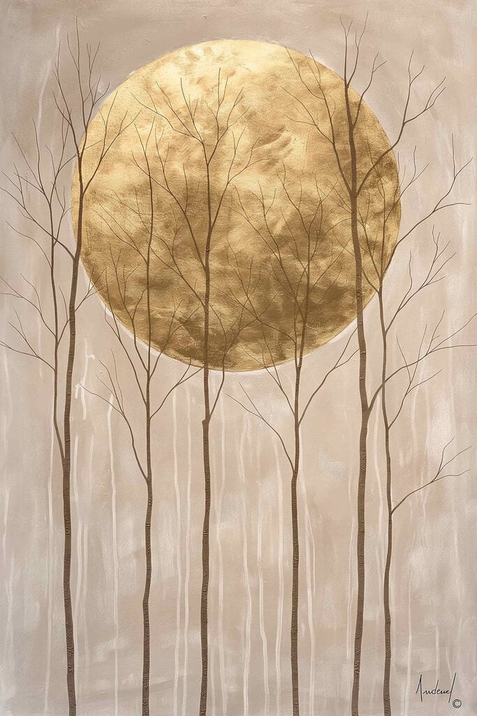 Painting of trees and a large moon