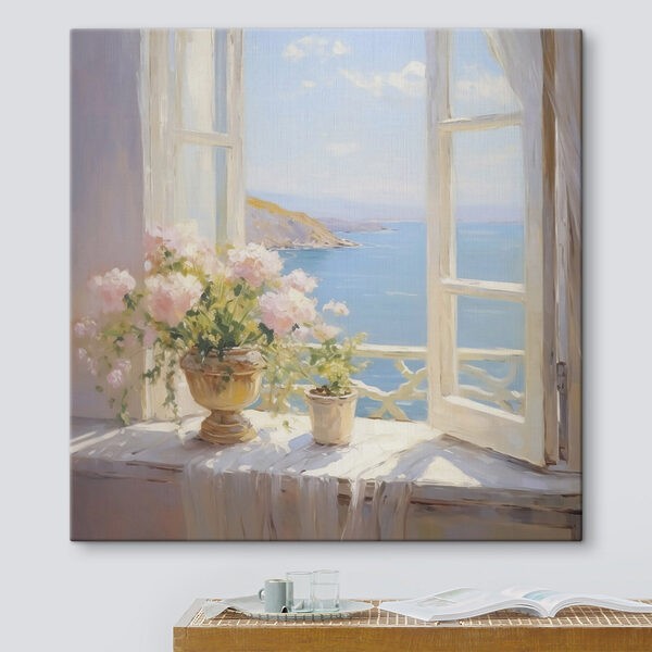 Quadri Dipinto raffigurante dei fiori sul davanzale di una finestra