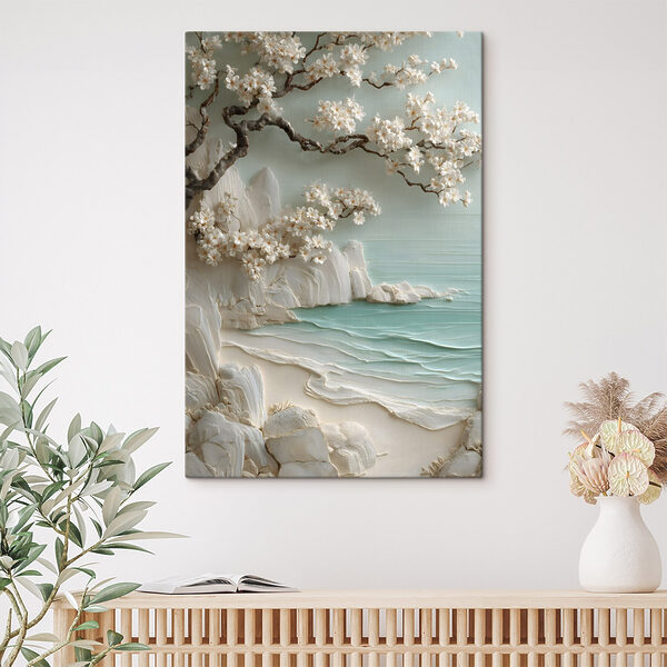Quadri Quadri Dipinto raffigurante una spiaggia con fiori bianchi e un albero (COD: s49248)