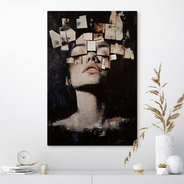 Quadri Quadri Donna con tanti fogli di carta quadrati sul viso (COD: s49282)