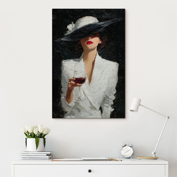 Quadri Quadri Donna con un cappello in mano e un bicchiere di vino (COD: s49317)