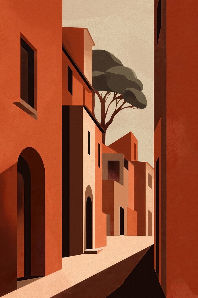 Painting of a street with buildings and trees