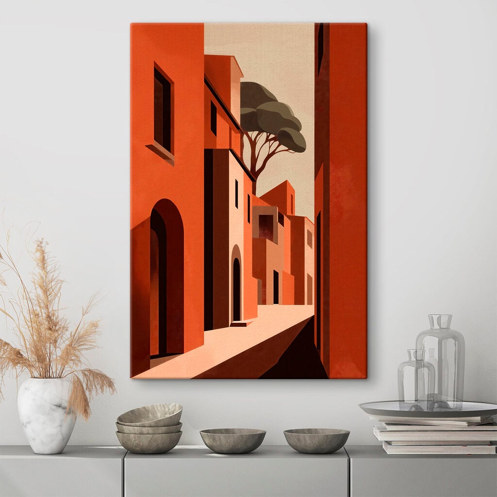 Painting of a street with buildings and trees