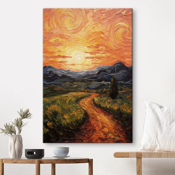 Quadri Quadri Dipinto raffigurante una strada che attraversa un campo, con montagne e sole (COD: s49478)