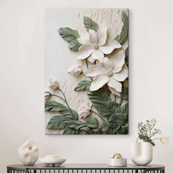 Quadri Quadri Fiori bianchi e foglie su una superficie bianca (COD: s49497)